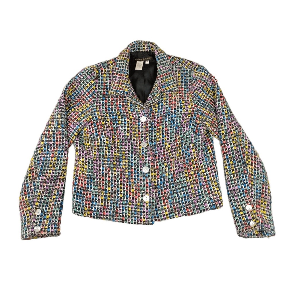 Alexis & Avery Women s M Multicolored Tweed Blazer Jacket Button Front Chic